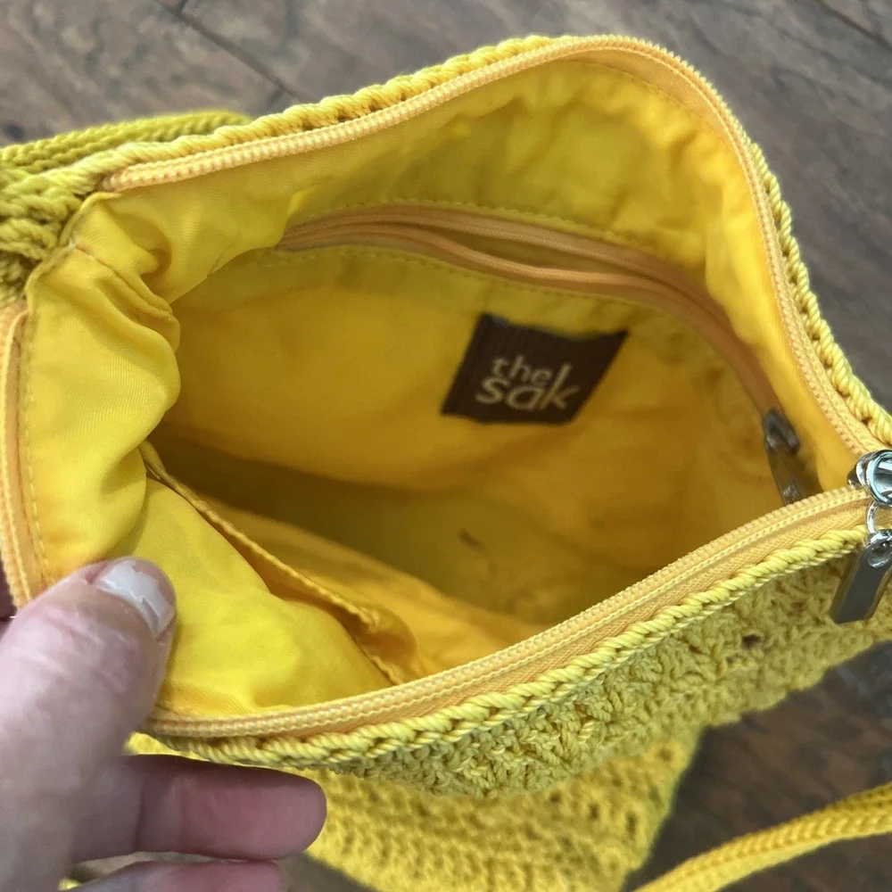 The SAK Crochet Tote Mustard Yellow Crossbody Bag Woven Slouchy Purse